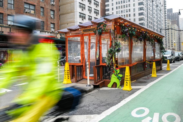 An outdoor dining shed along 1st Ave. in Manhattan. 