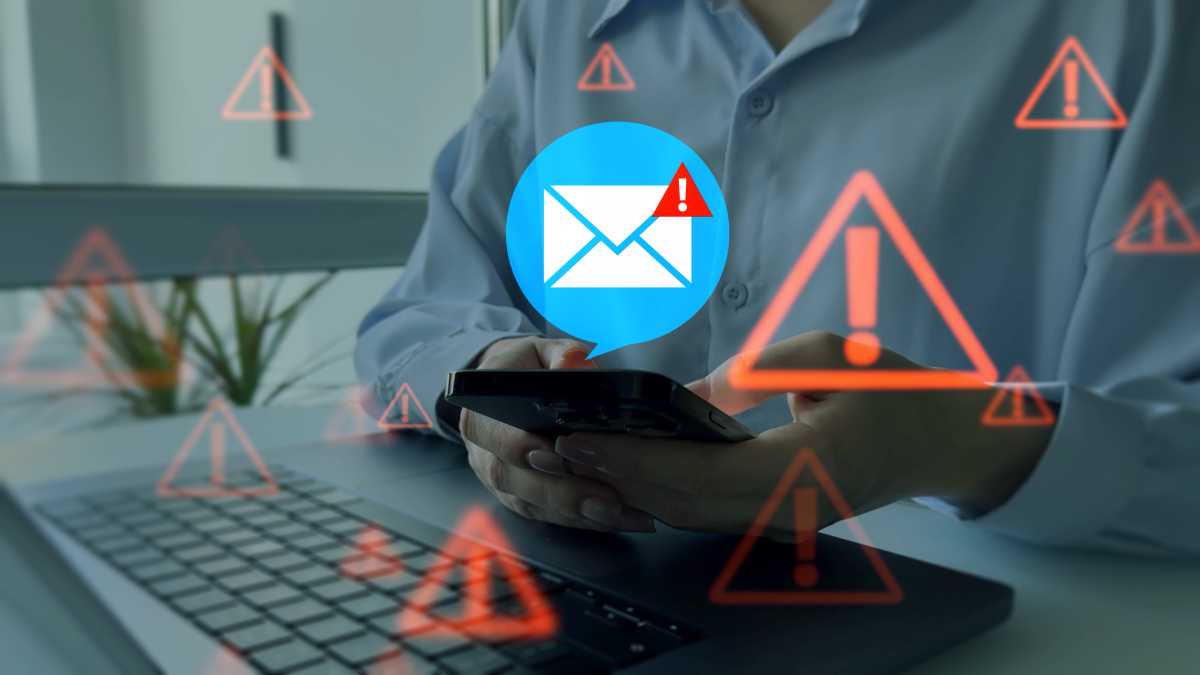 Spam social media message on black screen isolated. Email security and virus spam alert in email. Fake text email scam.Scammers online.Cyber scam template.