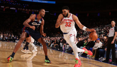 NEW YORK, NY - DECEMBER 25: Karl-Anthony Towns #32 of the New York Knicks dribbles the ball during the game against the Cleveland Cavaliers on December 25, 2025 at Madison Square Garden in New York City, New York. NOTE TO USER: User expressly acknowledges and agrees that, by downloading and or using this photograph, User is consenting to the terms and conditions of the Getty Images License Agreement. Mandatory Copyright Notice: Copyright 2025 NBAE (Photo by Nathaniel S. Butler/NBAE via Getty Images)