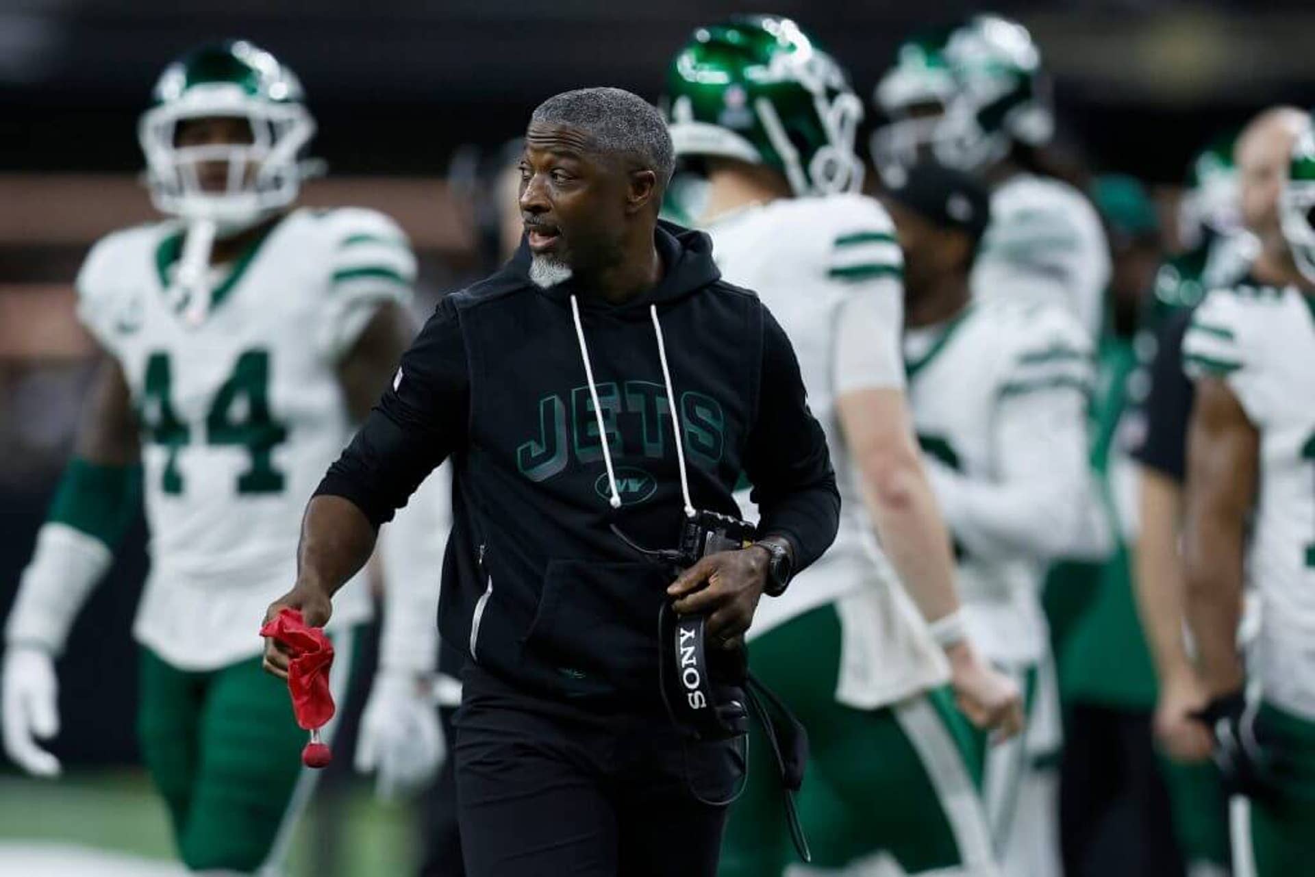 Head coach Aaron Glenn of the New York Jets challenges a play against the New Orleans Saints in the fourth quarter of a game at Caesars Superdome on December 21, 2025 in New Orleans