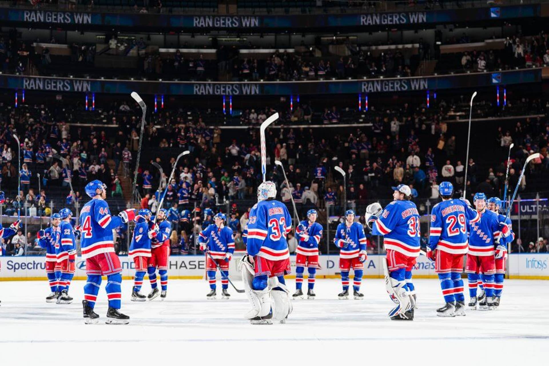 The Rangers salute the crowd at Madison Square Garden after a March 2026 home game.