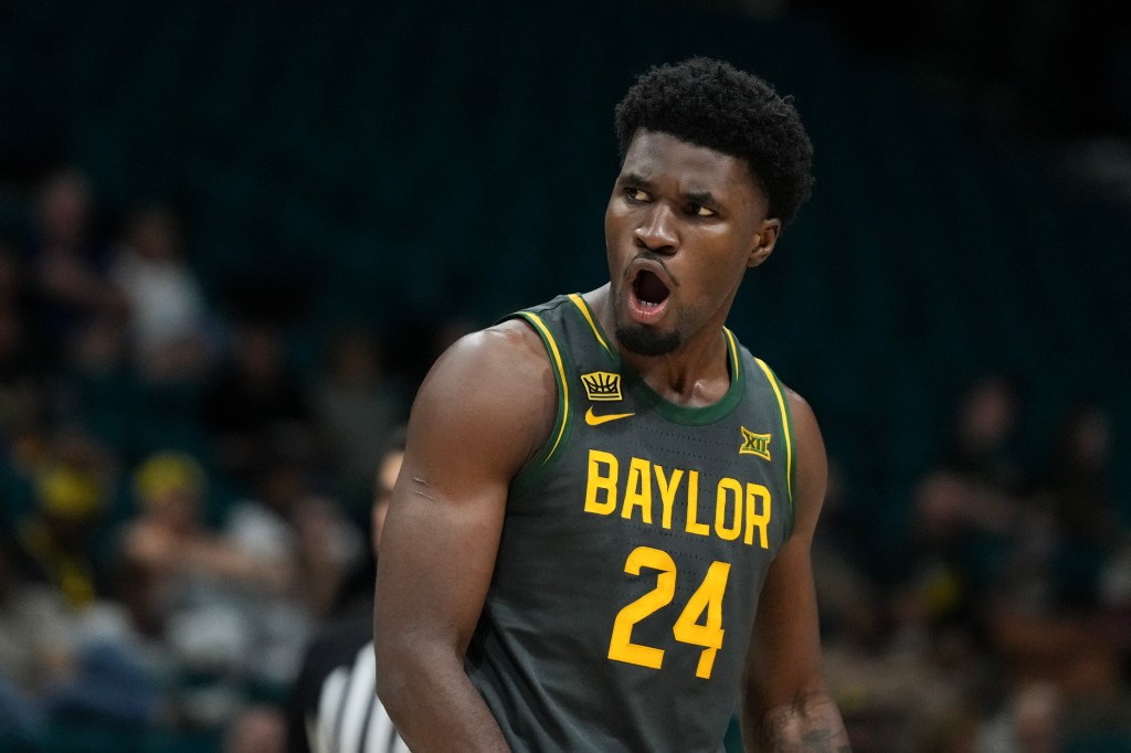 Tounde Yessoufou #24 of the Baylor Bears reacts to a call in the second half against the Minnesota Golden Gophers in a first round game of the College Basketball Crown tournament at MGM Grand Garden Arena on April 01, 2026 in Las Vegas, Nevada. 