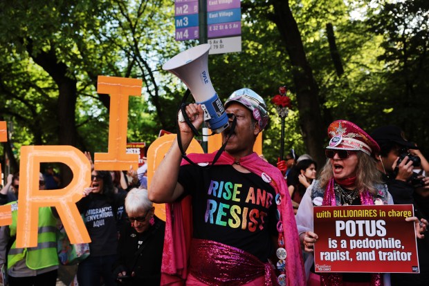 Protesters gather blocks away from where the Met Gala was held in Manhattan on Monday, May 4, 2026 in New York City. (Photo by Spencer Platt/Getty Images)