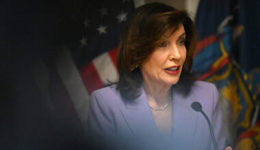 Gov. Kathy Hochul speaks during a news conference on May 5 in Menands, N.Y. Credit: Will Waldron/Albany Times Union via Getty Images