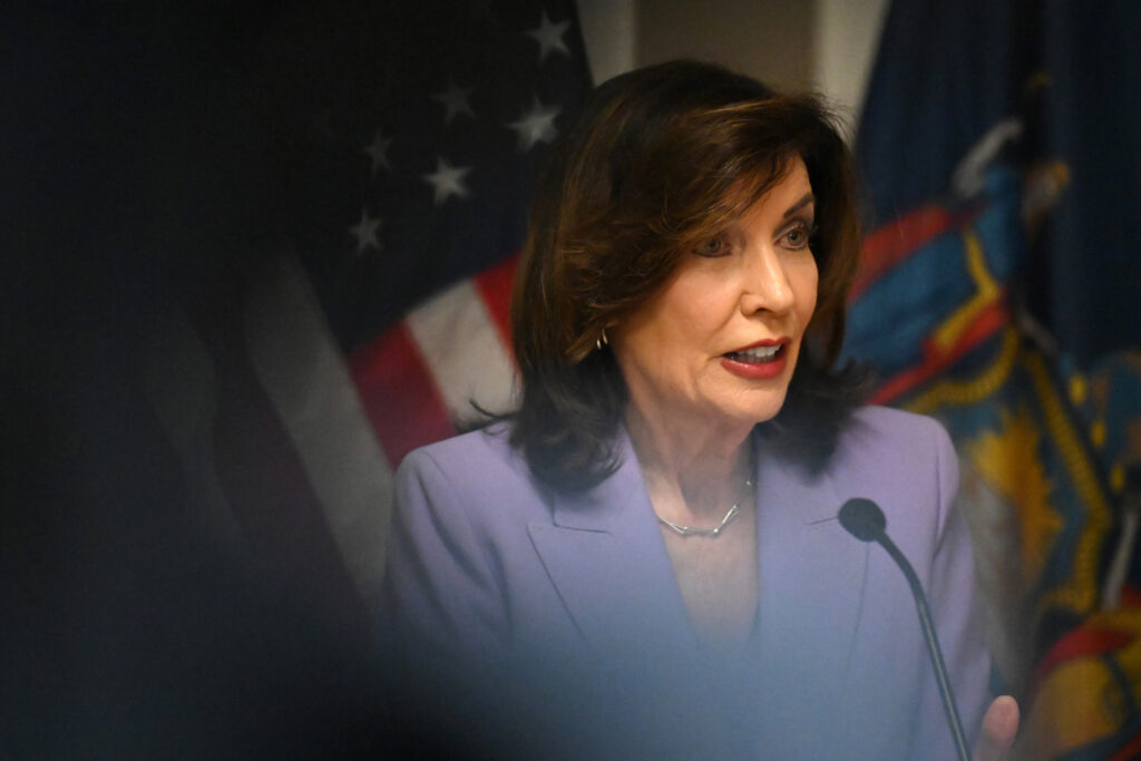 Gov. Kathy Hochul speaks during a news conference on May 5 in Menands, N.Y. Credit: Will Waldron/Albany Times Union via Getty Images