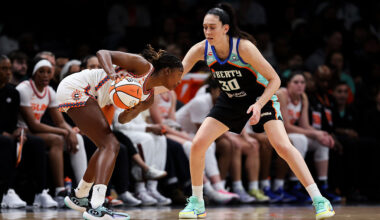 BROOKLYN, NEW YORK - MAY 08: Diamond Miller #1 of the Connecticut Sun drives against Breanna Stewart #30 of the New York Liberty during the second quarter of the season opener against the Connecticut Sun at Barclays Center on May 08, 2026 in the Brooklyn borough of New York City.