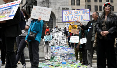 Environmental advocates join state legislators and health care professionals to urge the passage of the Packaging Reduction and Recycling Infrastructure Act on Monday in Albany, N.Y. Credit: Will Waldron/Albany Times Union via Getty Images