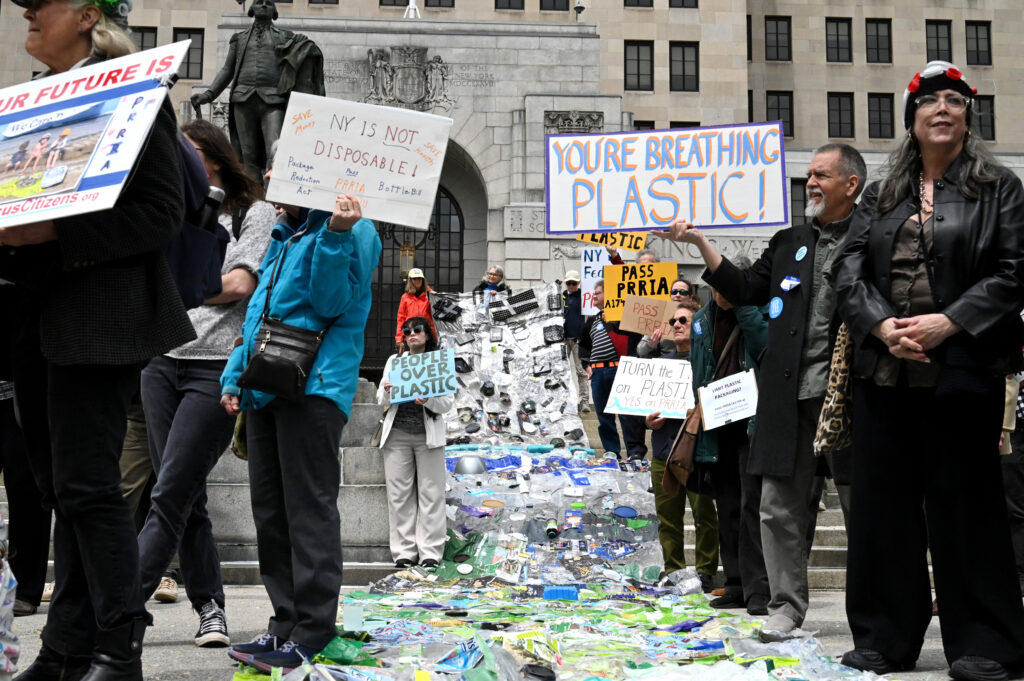 Environmental advocates join state legislators and health care professionals to urge the passage of the Packaging Reduction and Recycling Infrastructure Act on Monday in Albany, N.Y. Credit: Will Waldron/Albany Times Union via Getty Images