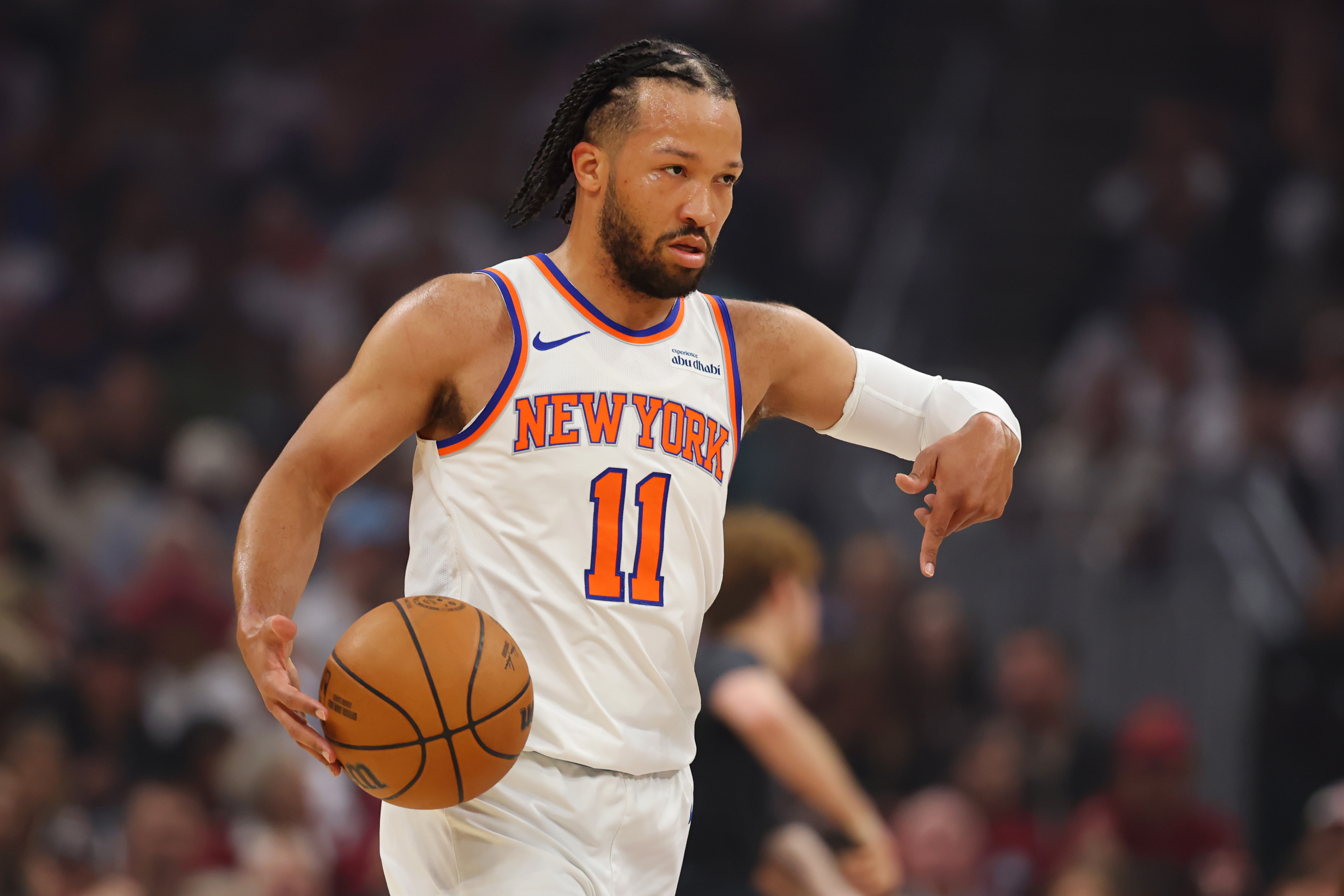 Jalen Brunson #11 of the New York Knicks handles the ball against the Cleveland Cavaliers during the first quarter in Game Four of the NBA Eastern Conference Finals at Rocket Arena on May 25, 2026 in Cleveland, Ohio. (Photo by Gregory Shamus/Getty Images)