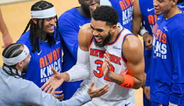 CLEVELAND, OHIO - MAY 25: Karl-Anthony Towns #32 of the New York Knicks celebrates during the third quarter against the Cleveland Cavaliers in Game Four of the NBA Eastern Conference Finals at Rocket Arena on May 25, 2026 in Cleveland, Ohio. NOTE TO USER: User expressly acknowledges and agrees that, by downloading and or using this photograph, User is consenting to the terms and conditions of the Getty Images License Agreement. (Photo by Jason Miller/Getty Images)
