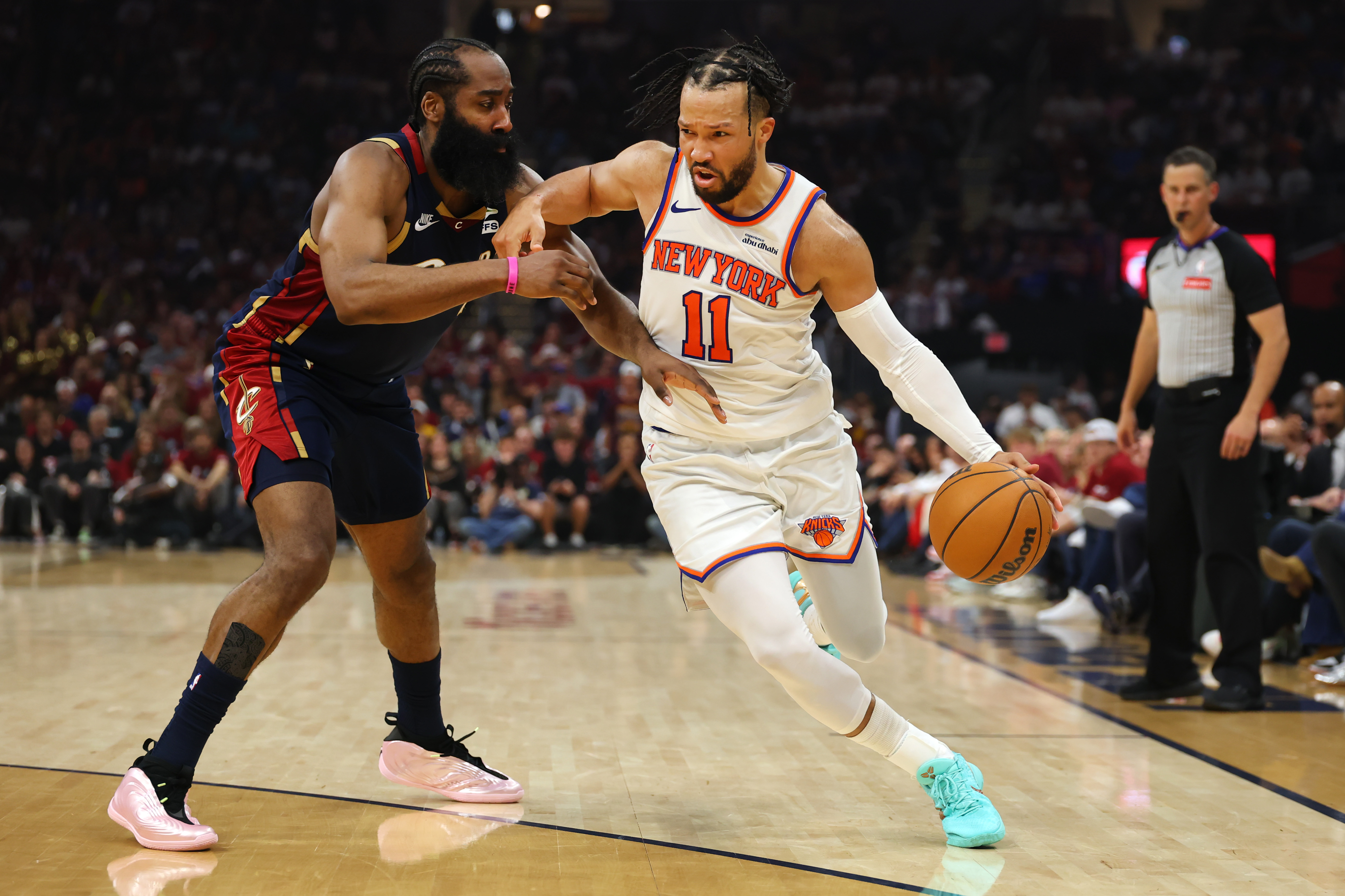 CLEVELAND, OHIO - MAY 25: Jalen Brunson #11 of the New York Knicks is defended by James Harden #1 of the Cleveland Cavaliers during the third quarter in Game Four of the NBA Eastern Conference Finals at Rocket Arena on May 25, 2026 in Cleveland, Ohio. NOTE TO USER: User expressly acknowledges and agrees that, by downloading and or using this photograph, User is consenting to the terms and conditions of the Getty Images License Agreement. (Photo by Gregory Shamus/Getty Images)
