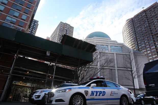 An NYPD patrol car sits parked outside of the Islamic Culture Center of New York on Jan. 30, 2017 in New York City. (Photo by Spencer Platt/Getty Images)