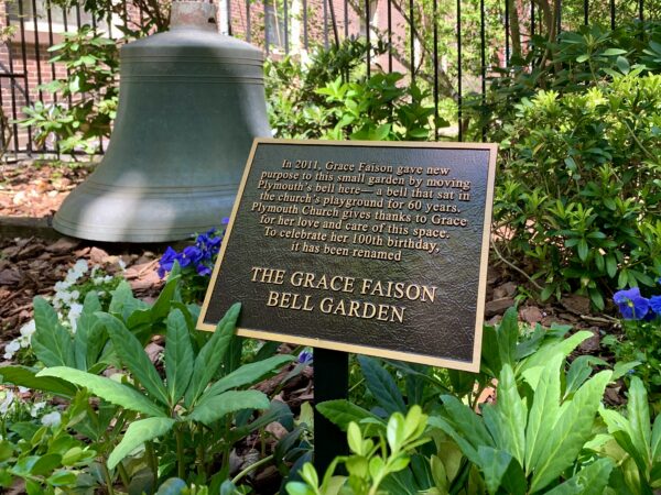 Faison rescued this 1870s-vintage cast-iron bell, now the centerpiece of a garden dedicated to her. Photo: Mary Frost/Brooklyn Eagle