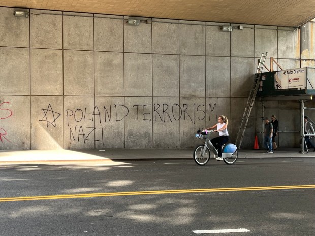Anti-Poland graffiti is pictured on a wall on 42nd St. between First and Second Aves. in Manhattan on Friday, May 29, 2026. (Lincoln Anderson / New York Daily News)