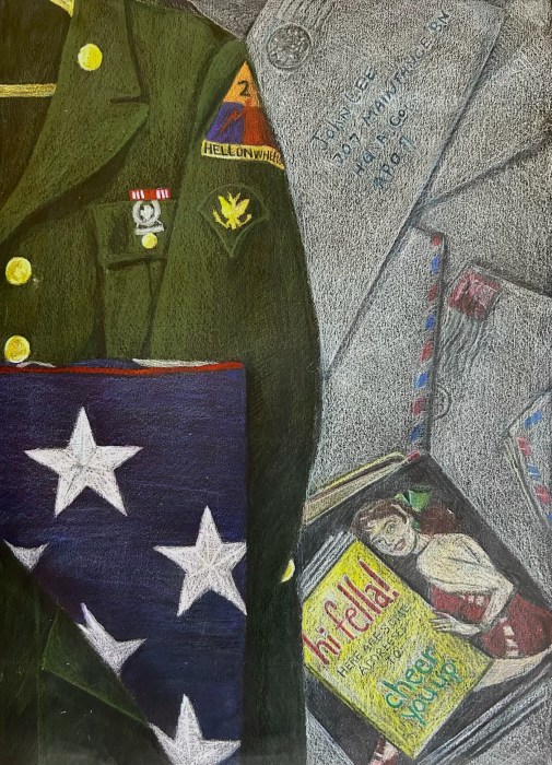 “My Grandfather’s Army Keepsakes,” a colored pencil piece by 2026 Manhasset Poppy Queen Autumn Maley. The artwork reflects her grandfather's journey as an orphan who found a new lease on life, structure, and lifelong goals through his service in the U.S. Army.