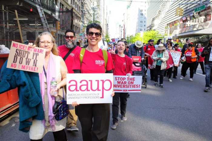 Sophie Bell, acting president of SJU-AAUP, at the Manhattan rally. Photo via SJP-AAUP.