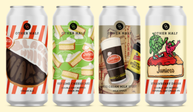 Junior’s and Other Half are teaming up on four limited-edition dessert-inspired beers, bringing classic New York flavors — Strawberry Cheesecake, Key Lime Cheesecake, Egg Cream, and Black and White Cookie — to cans and taps starting May 7. Photo: DKC