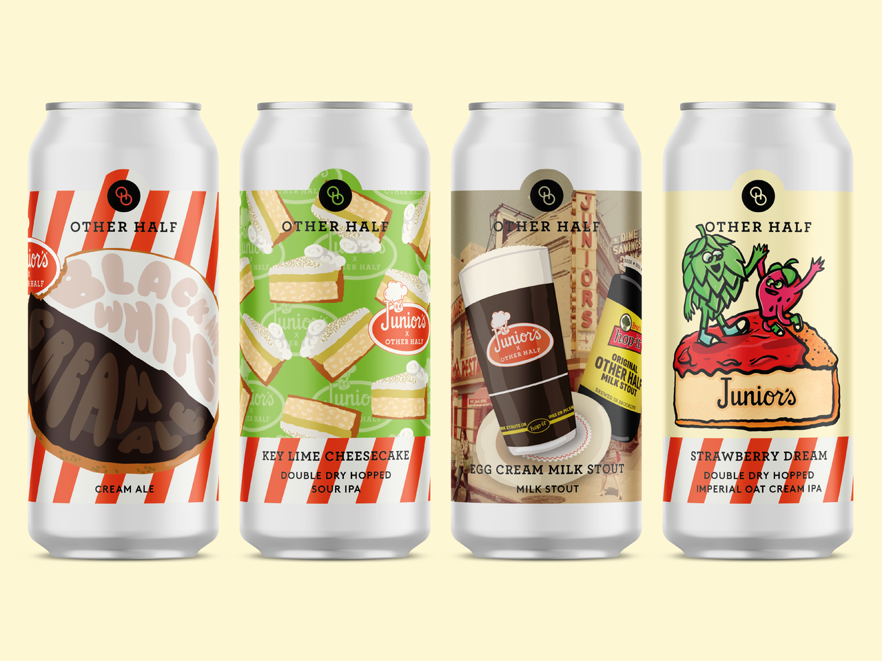 Junior’s and Other Half are teaming up on four limited-edition dessert-inspired beers, bringing classic New York flavors — Strawberry Cheesecake, Key Lime Cheesecake, Egg Cream, and Black and White Cookie — to cans and taps starting May 7. Photo: DKC