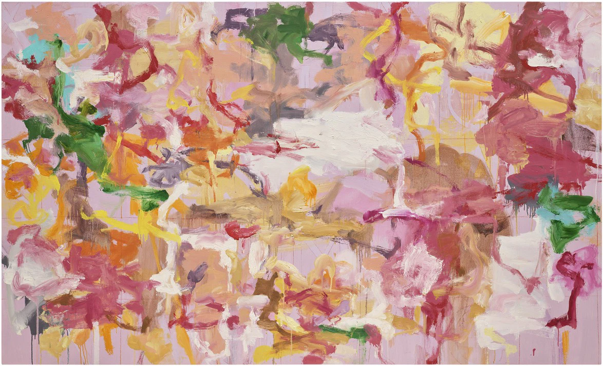 Cerise by Kiuko Saito, an Abstract painting with vibrant swirling colors including orange, pink, green, and white on a textured canvas background, on sale at Phillips for New York Marquee Week auctions.