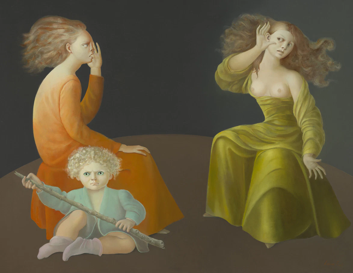 Surrealist artwork by Leonor Fini depicting two women in flowing dresses and a child holding a stick, set against a dark background, from the NYC Marquee Week auctions.