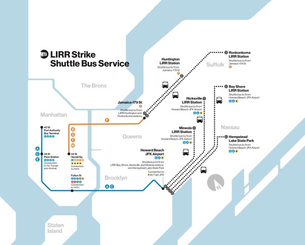 Map of LIRR strike shuttle bus service. (MTA)