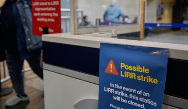 A sign warns commuters of a potential Long Island Rail Road strike at Penn Station in New York Thursday, May 14, 2026. (AP Photo/Seth Wenig)