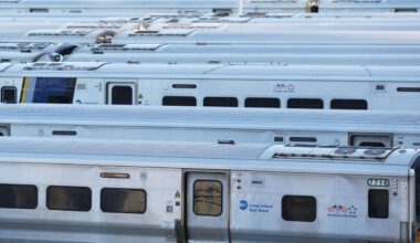 Long Island Rail Road trains sit in the West Side Yard
