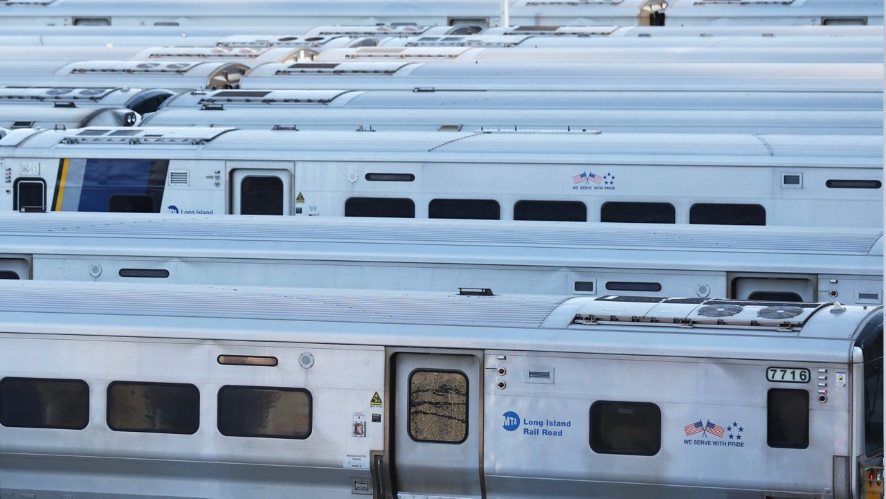 Long Island Rail Road trains sit in the West Side Yard