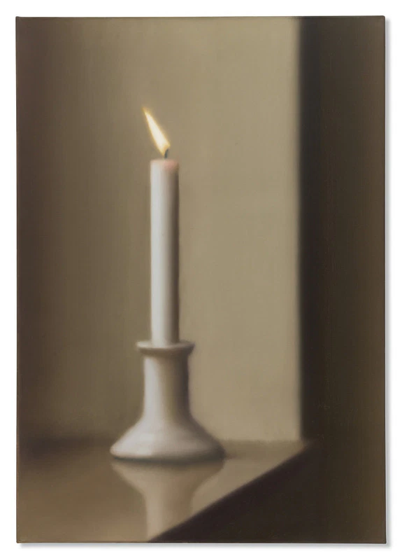 Gerhard Richter painting of a lit candle in a holder placed on a reflective surface with a softly blurred background, up for auction during New York Marquee Week.