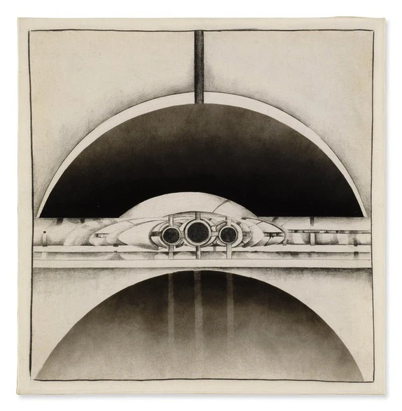 Abstract artwork by Lee Bontecou with geometric shapes, featuring a black and white color scheme, including arches and circles, sold at Sotheby's in the NYC Marquee Week Sales.