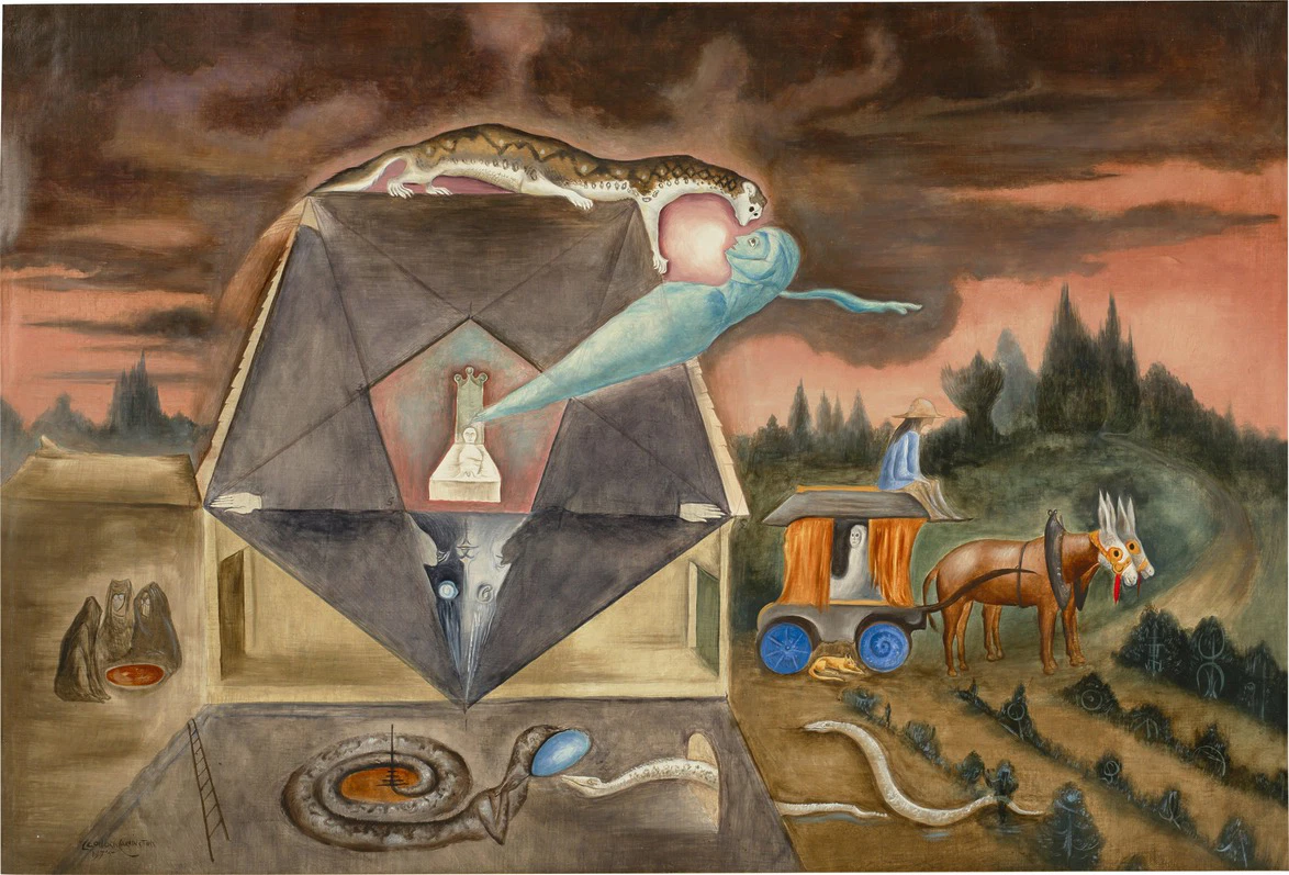 Surreal painting by Leonora Carrington with mystical creatures, a horse-drawn cart, a mysterious house, and a surreal landscape at sunset, up for auction at NYC Marquee Week.