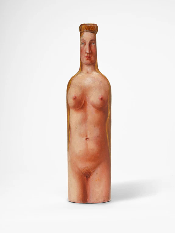 Sculptural wine bottle featuring a painted nude figure with intricate detailing against a plain white background, by Magritte, up for auction at marquee nyc week.