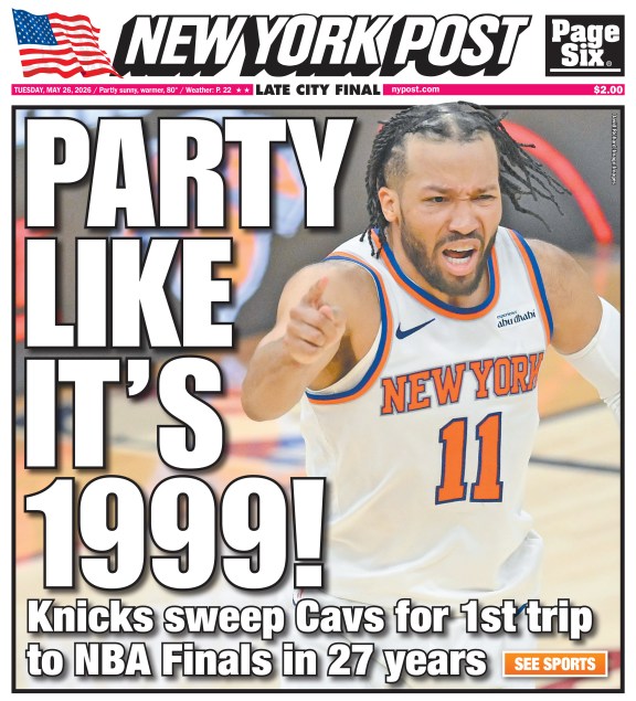 The New York Post front page shows a photo of Jalen Brunson with the headline "PARTY LIKE IT'S 1999!" and a sub-headline "Knicks sweep Cavs for 1st trip to NBA Finals in 27 years."