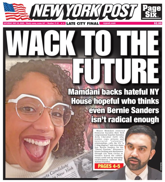 New York Post headline "WACK TO THE FUTURE" with images of Darializa Avila Chevalier and Mayor Mamdani discussing Mamdani's endorsement of Chevalier.