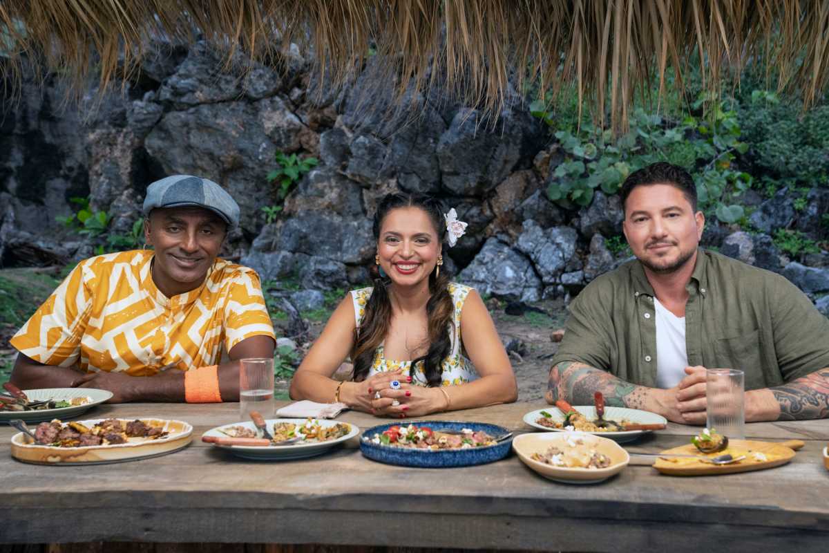 Marcus Samuelsson, Maneet Chauhan, and Gabe Bertaccini (from L to R) judges from Chopped Castaways. 