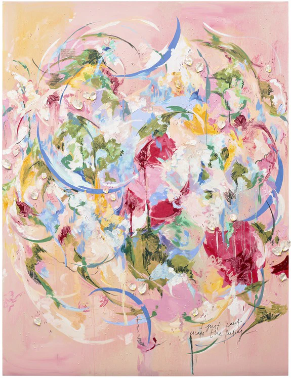 The girls take their places by Michaela Yearwood-Dan, an Abstract painting with swirling pinks, greens, and blues, featuring floral elements and dynamic brushstrokes on a canvas, sold at auction by Phillips during New York Marquee Week.