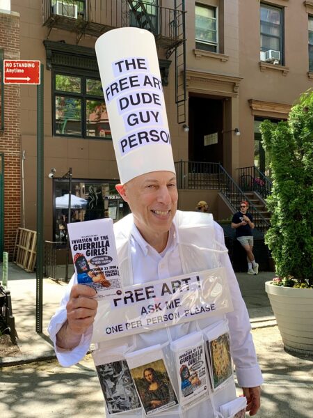 The Free Art Dude handed out free art postcards. Photo: Mary Frost/Brooklyn Eagle