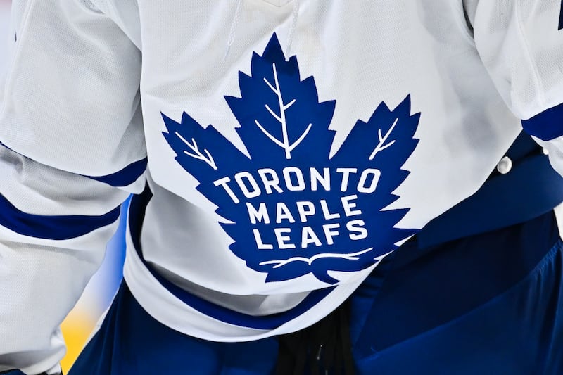 MONTREAL, CANADA - SEPTEMBER 25: A closeup view of theToronto Maple Leafs' logo during the third period in a preseason game against the Montreal Canadiens at the Bell Centre on September 25, 2025 in Montreal, Quebec, Canada.  The Toronto Maple Leafs defeated the Montreal Canadiens 7-2.  (Photo by Minas Panagiotakis/Getty Images)