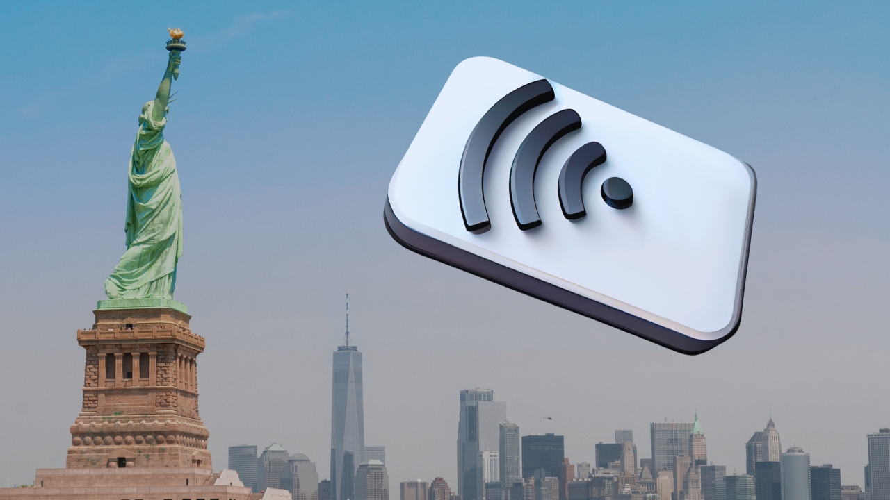 Free internet access graphic over the New York City skyline near the Statue of Liberty