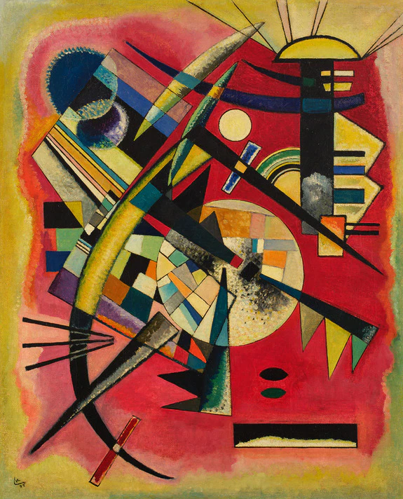 Abstract painting by Kandinsky from the New York Marquee Week Sales with vibrant colors, geometric shapes, and intersecting lines on a red background.