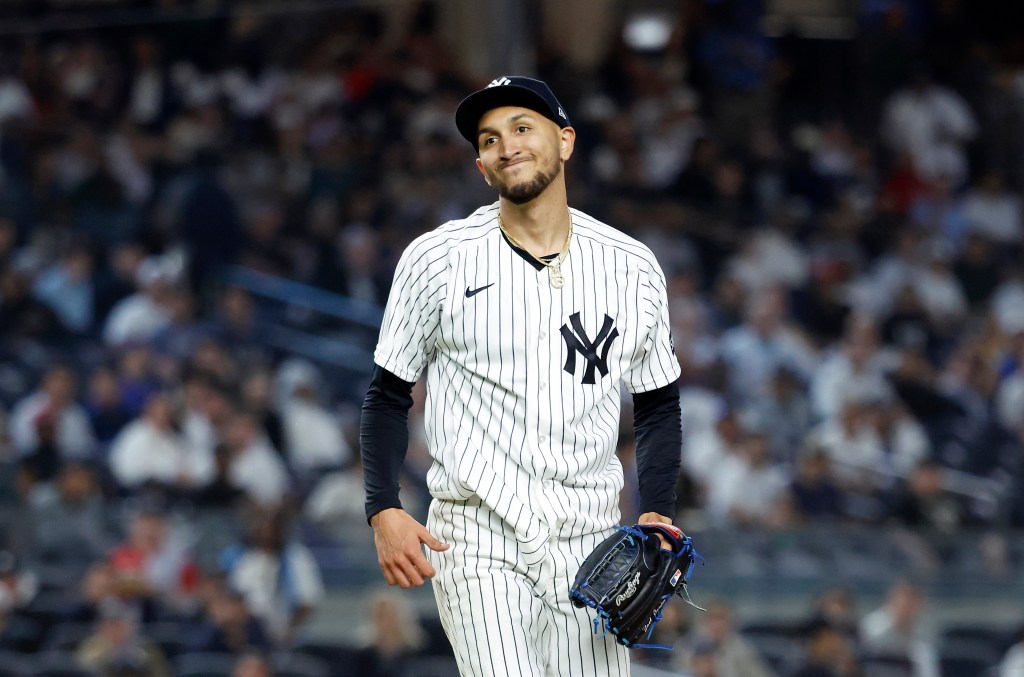 New York Yankees pitcher Elmer Rodríguez reacts on the mound in the fifth inning at Yankee Stadium in The Bronx, New York, USA, Tuesday, May 05, 2026.