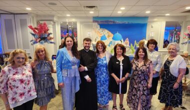 The members of the Holy Trinity-St. Nicholas of Staten Island community’s Philoptochos Society Board of Directors with presiding priest Fr. Vasileios Apostolidis. Left to right: Irene Panagos, President Dee Sidiropoulos, Presvytera Elisavet, Fr. Apostolidis, Julia Dunphy, Panagiota Karidis, Sophia Mirones, Susan Bacas-Katsanos, and Diana Kolaitis. Photo: TNH/Michael Kakias
