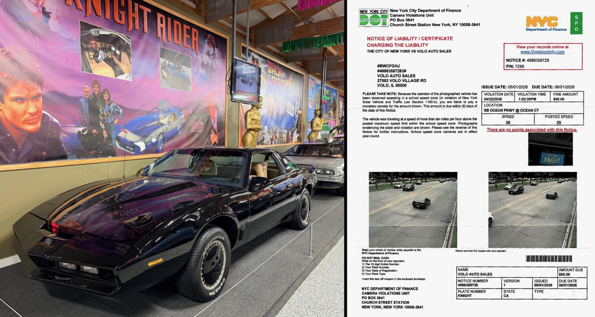 KITT car from famous TV series cited for speeding in New York despite being on display in Volo Museum