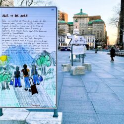 The message on this sign was written by Roxy, the mother of two girls who fled from Ecuador. The signs are part of the “Public Address” exhibition. Photo: Mary Frost, Brooklyn Eagle