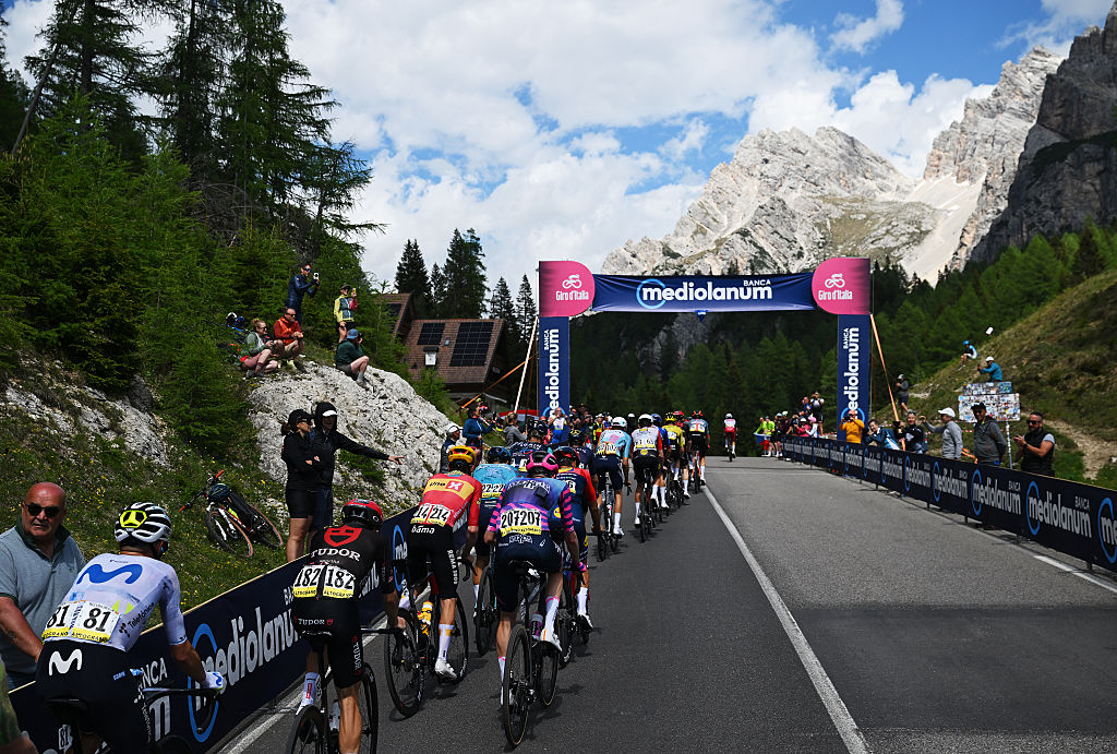 A general view of the peloton competing during the 109th Giro d'Italia 2026, Stage 19 a 151km stage from Feltre to Alleghe - Piani di Pezze