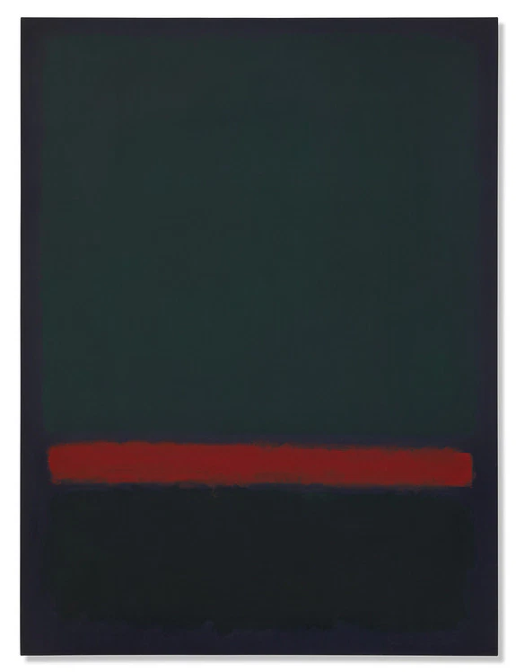 Abstract painting by Mark Rothko from the Newhouse Collection, up for auction at New York Marquee Week, with dark green background and a horizontal red stripe across the lower middle.