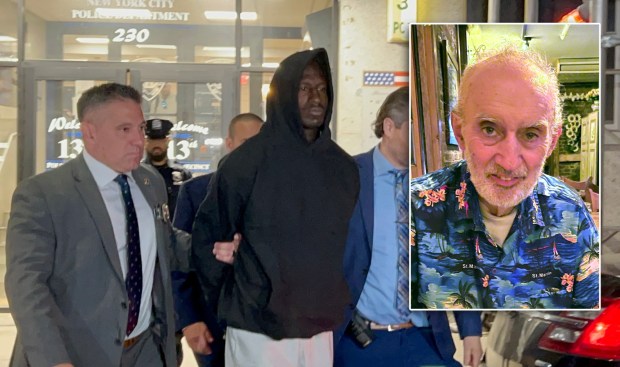 Rhamell Burke is pictured in police custody leaving the NYPD's 13th Precinct stationhouse in Manhattan on Friday, May 8, 2026. Burke is accused of shoving Ross Falzone (inset), 76, down subway stairs to his death in Chelsea. (Kerry Burke / New York Daily News)