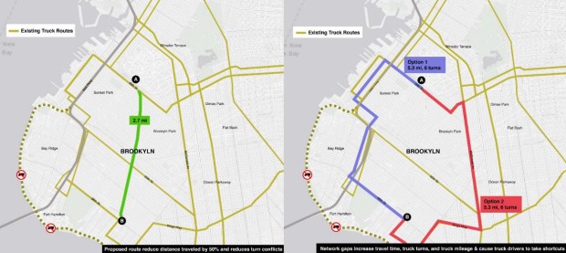 Example truck route update to reduce turning movements. (NYC.gov)