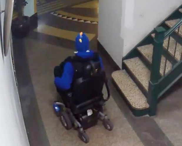 The thief (pictured) stole the man's wheelchair, that is worth $5,000, from the building on Grand Concourse and East 161st st. in Concourse on April 21 around 2:11a.m. (NYPD)