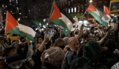 Anti-Israel demonstrators gather outside Park East Synagogue in Manhattan during a protest featuring Palestinian flags and chants calling for Israel’s destruction.